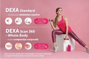 DEXA health ad: woman in pink workout wear with discount icons for bone health and body composition.