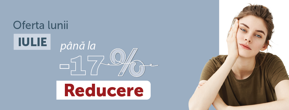 Banner promoțional: Oferta lunii iulie, până la 17% reducere, textul 'Reducere' evidențiat, femeie în partea dreaptă.