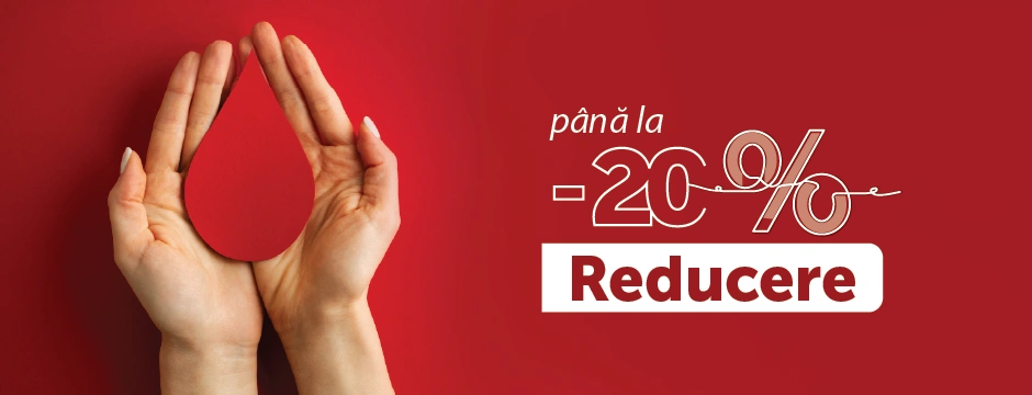 Two hands form a drop shape on a red background, beside a discount banner reading 'până la -20%' and 'Reducere' (up to 20% off).
