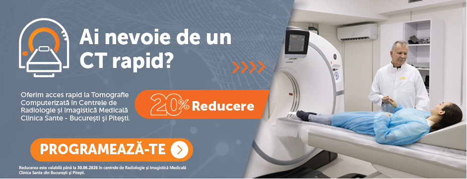 Ad banner promoting rapid CT scans with a 20% discount and a 'Programează-te' button; a patient on a CT scanner with a clinician in a medical setting.