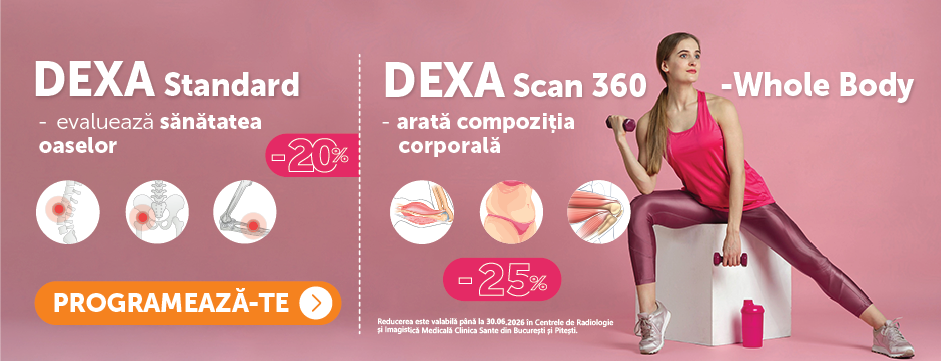 Two-panel ad: left promotes DEXA Standard for bone health with icons; right shows a woman squatting for DEXA Scan 360 Whole Body with discount badges.