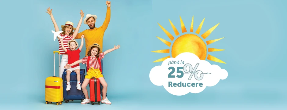 Family of four with suitcases posing on a blue background beside a sun-and-cloud discount banner reading 'până la 25% Reducere' (up to 25% off).