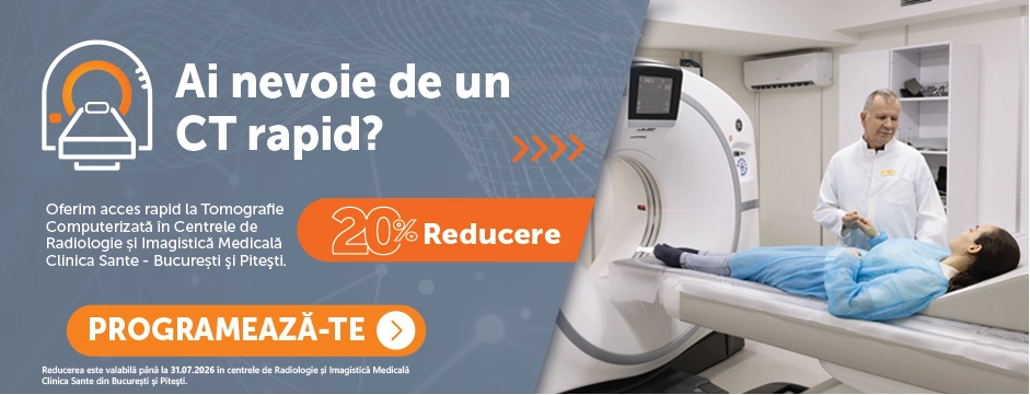 Promotional banner for a rapid CT scan service with a 20% discount and a 'Book Now' call-to-action in Romanian.