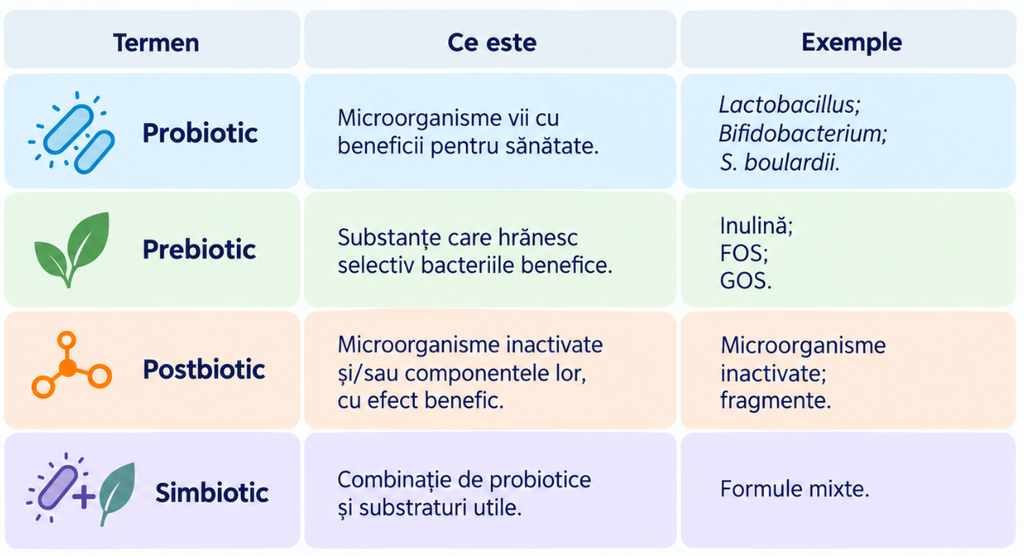 Tabel comparativ între probiotice, prebiotice, postbiotice și simbiotice