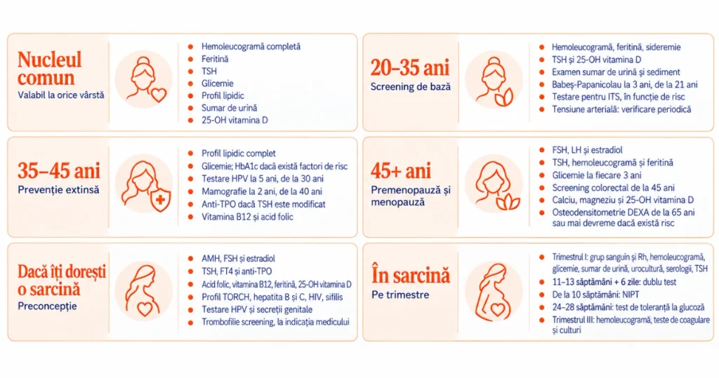 Infografic cu analizele recomandate femeilor pe grupe de vârstă, de la 20 la peste 65 de ani