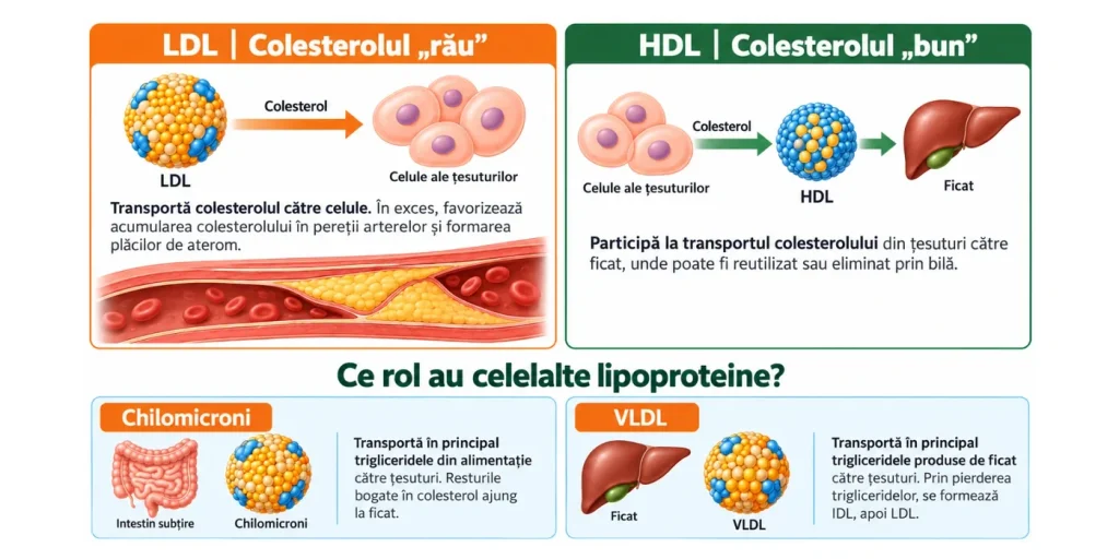 Schemă cu lipoproteinele chilomicroni, VLDL, LDL și HDL și rolul fiecăreia în transportul colesterolului