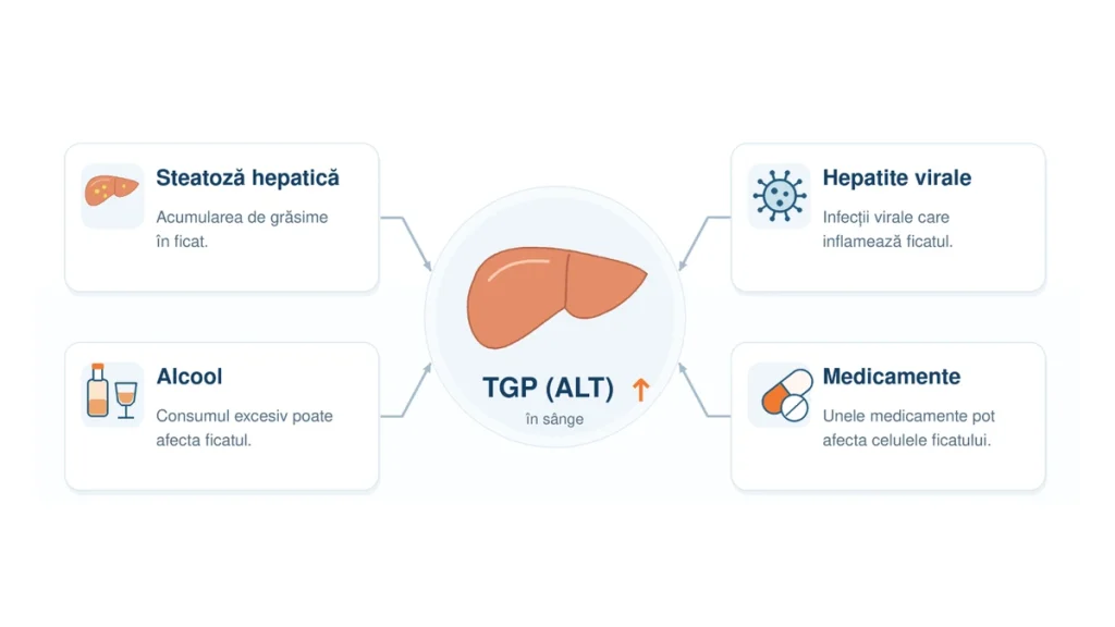 Schemă cu principalele cauze ale TGP mărit: steatoză hepatică, hepatite virale, alcool, medicamente